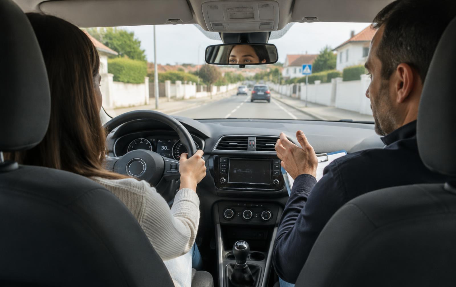 Aluna ao volante durante uma aula de condução acompanhada por instrutor